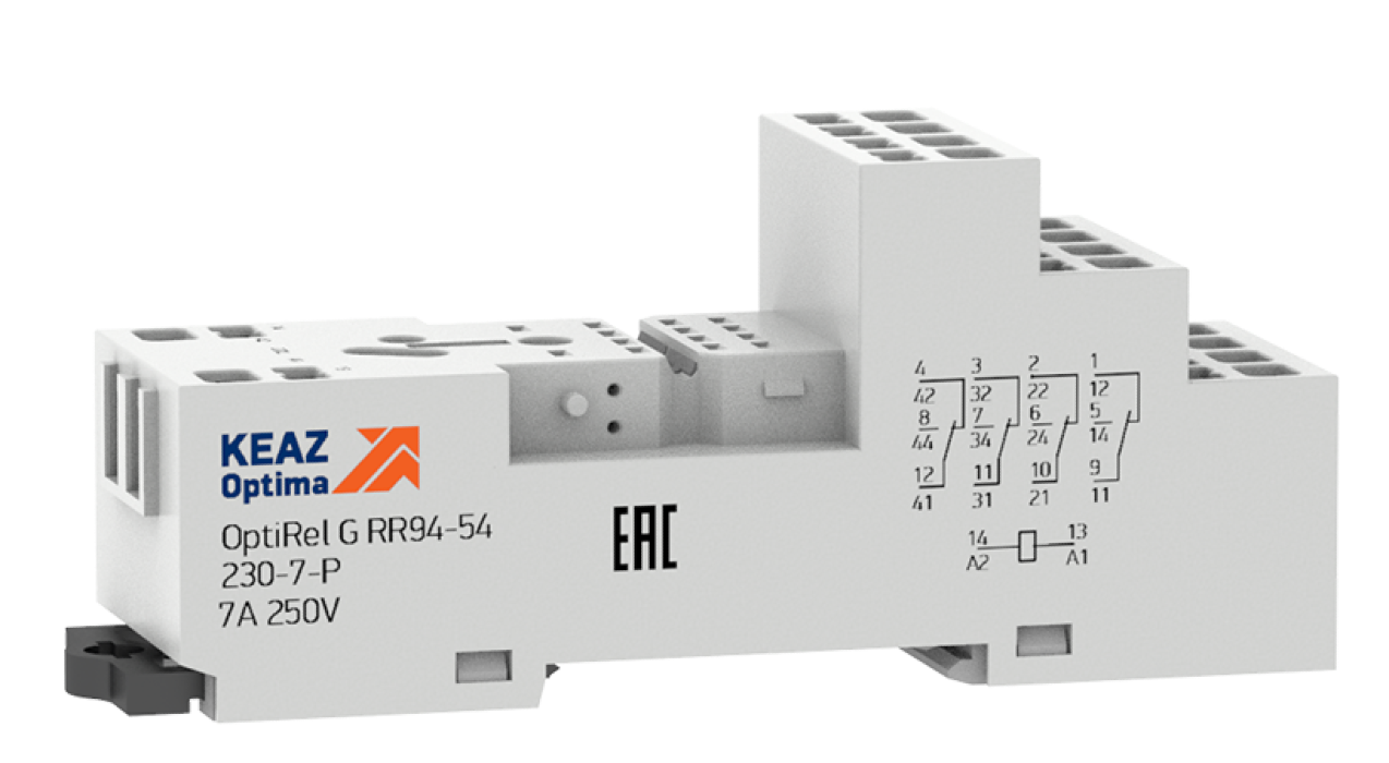 Розетка для реле КЭАЗ OptiRel G RR94-54-230-7-P с зажимами выводов, в пластиковом корпусе, серый, 7А, 230В, IP20 / электрика