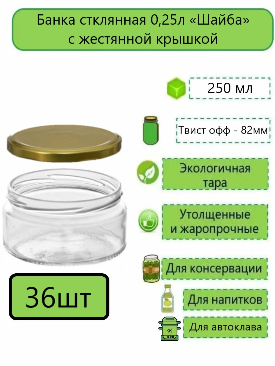Банка стеклянная прямая Шайба 025л (250мл) твист-офф d-82 мм (ТО-82) 36шт с жестяной крышкой
