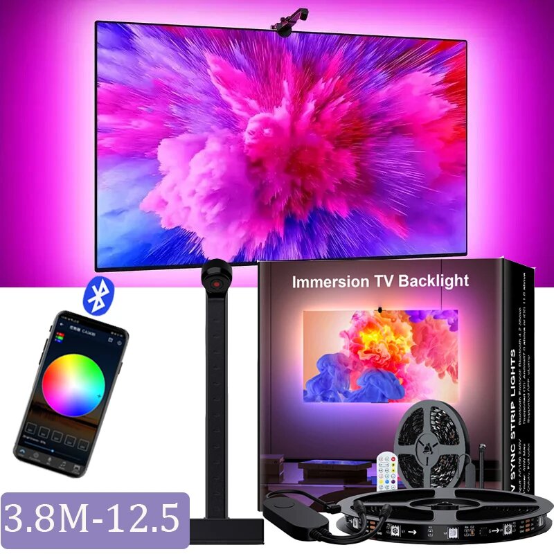 Светодиодная лента с подсветкой телевизора SYNC и датчиком цветного захвата RGBIC, подсветка ПК, Bluetooth музыка, SYNC, USB-светильник для игр, 3.8M-12.5Ft