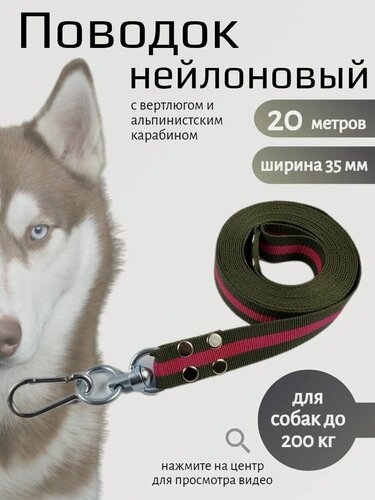 Изображение товара Поводок Хвостатыч для собак с вертлюгом и альпинистским карабином нейлон 20 м х 35 мм (зелено-красный)