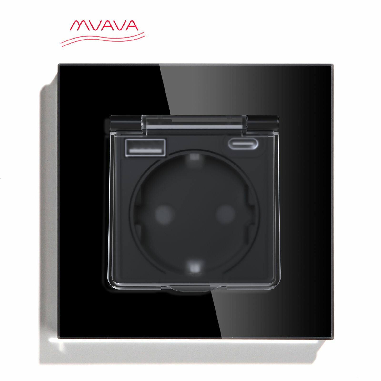 Розетка c крышкой, Usb/Type-C 1 пост 16А рамка 86х86мм стекло, цвет черный