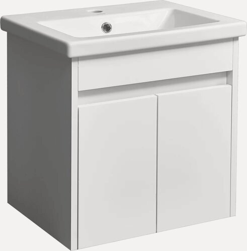 Изображение товара Тумба с раковиной Stella Polar Фаворита подвесная, 50 см, белая, глянцевая, из МДФ, с дверками, раковина для ванной, фарфоровая, прямоугольная, встроенный слив-перелив