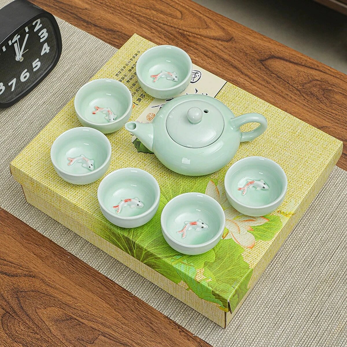 Xiaomi Youpin Набор чайный «Цинци с рыбками» 1 кувшин + 6 чашек, подарочная упаковка, Государственные подарки из зеленой керамики