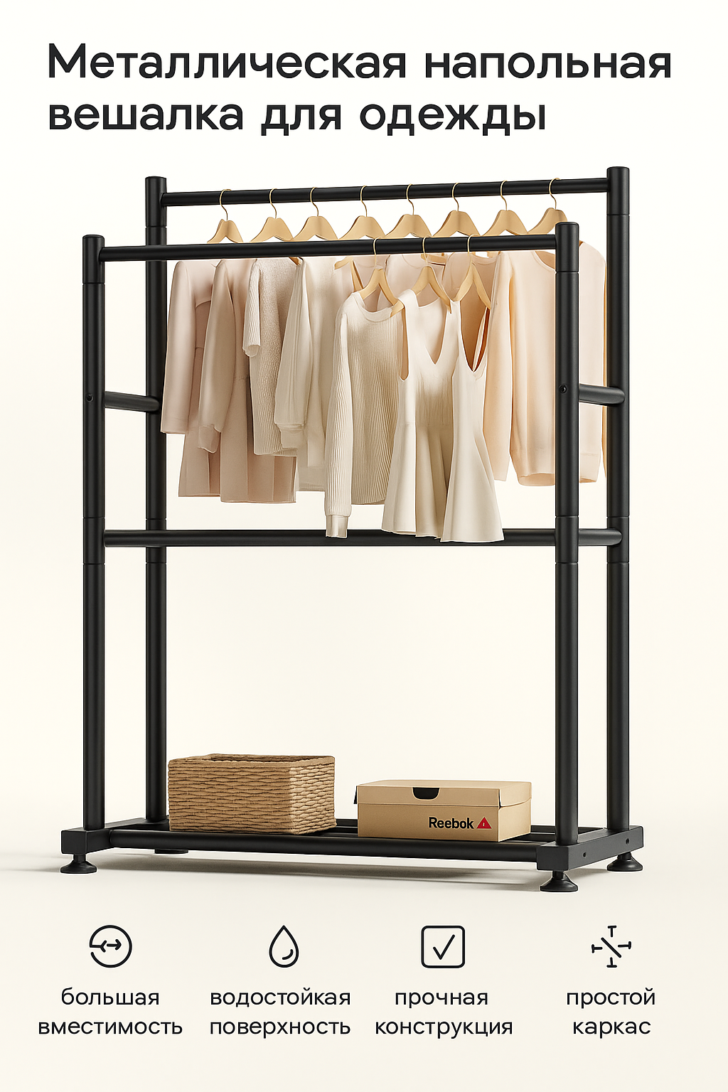 Металлическая напольная вешалка с двойной штангой и полками усиленная сталь, высокая нагрузка, колёсики с фиксаторами