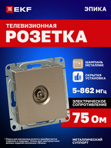 Изображение товара Розетка телевизионная TV EKF антенная 1-местная, одиночная, шампань Эпика (механизм) UP1-SOC-TV-1