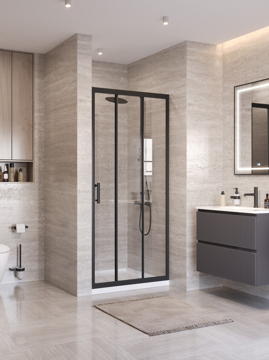 Душевая дверь в нишу BelBagno UNO-195 100x195 UNO-195-BF-3-100-C-NERO стекло прозрачное, профиль черный