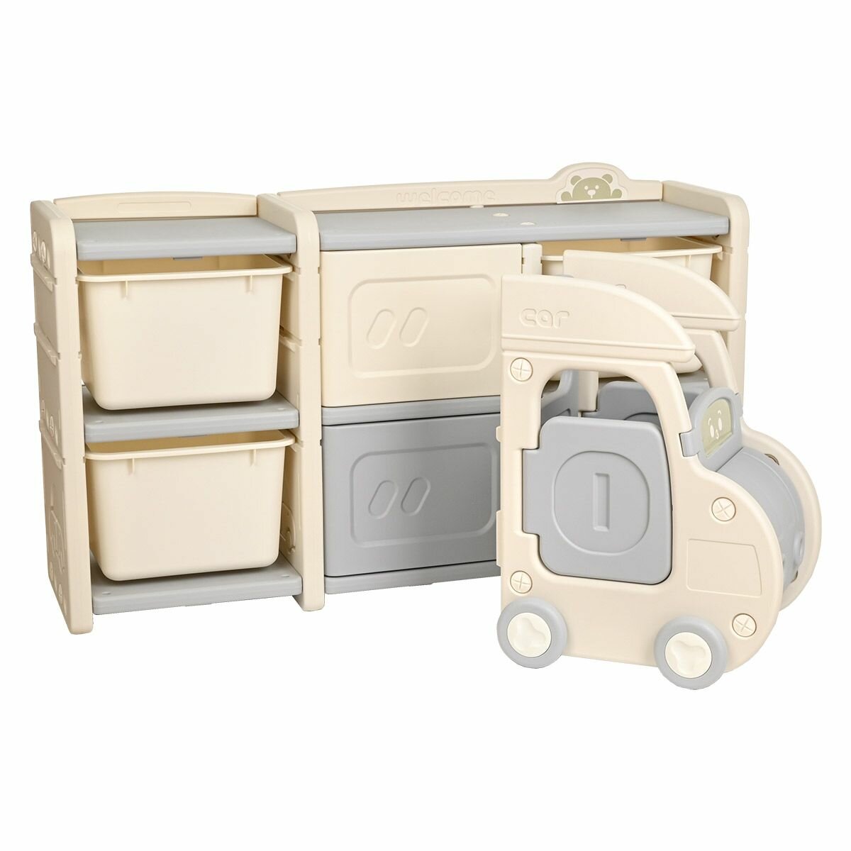 Стеллаж для игрушек в детскую Pituso "Машинка Max Gray", с ящиками, кабина на колесах, цвет светло-бежевый — фото 1