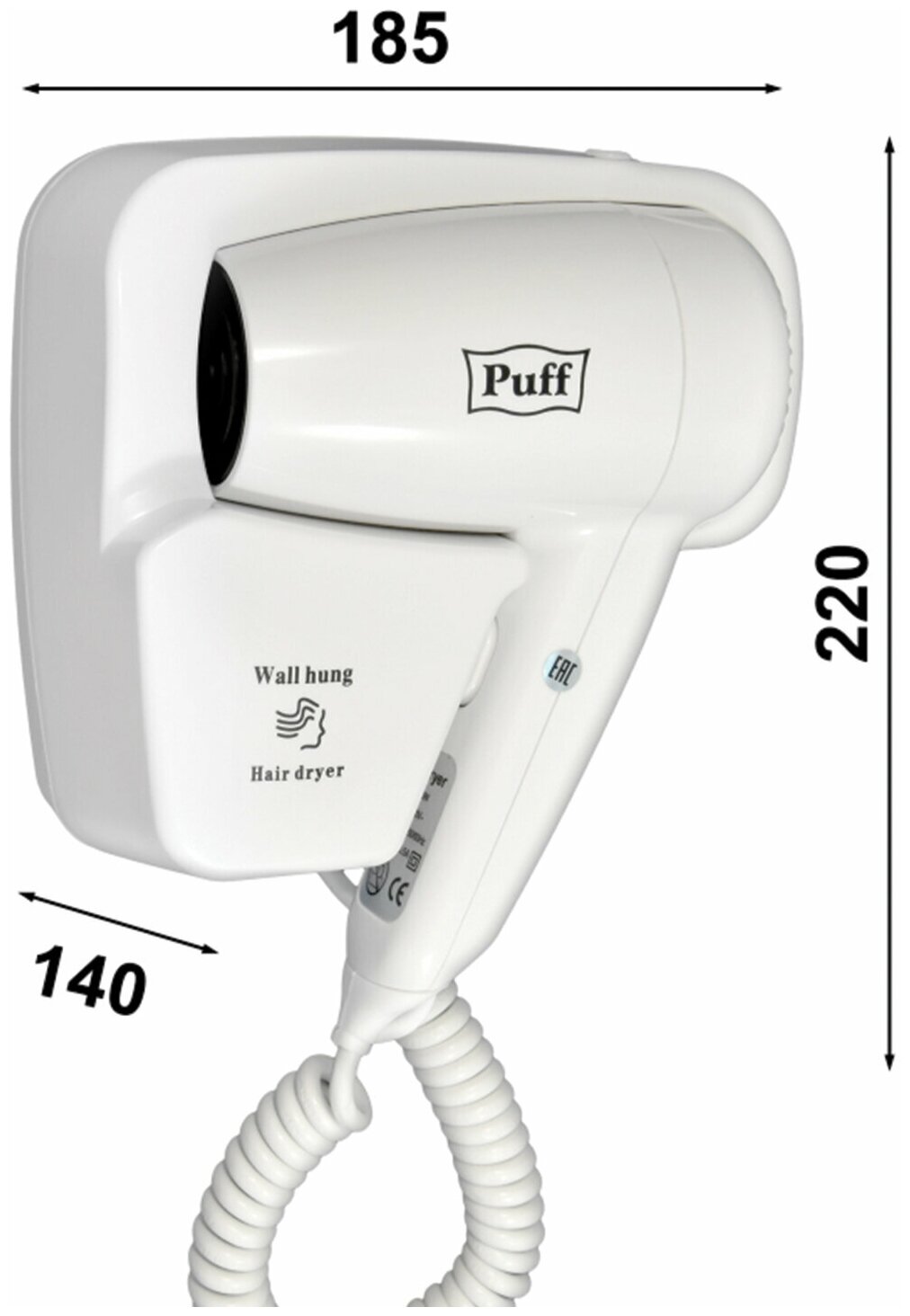 Фен для волос настенный PUFF-1200, 1200 Вт, пластик, 2 скорости, белый - фотография № 5