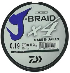 Плетеный шнур DAIWA J-Braid X4 d=0.19 мм, 270 м, 10.2 кг, dark green