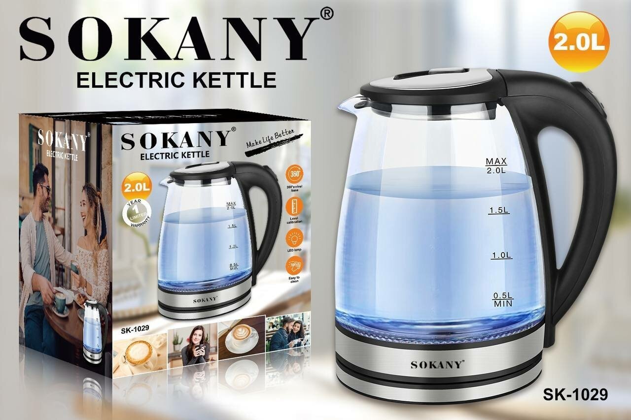 Стильный прозрачный электрочайник на 2 литра SOKANY SK-1029 чайник - фотография № 14