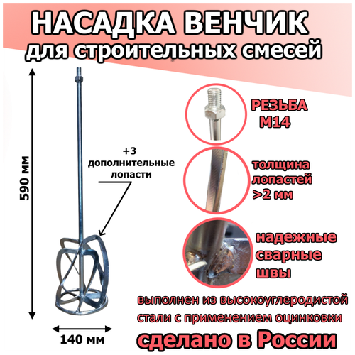 Венчик для строительных смесей, М14, 140мм турбо плюс