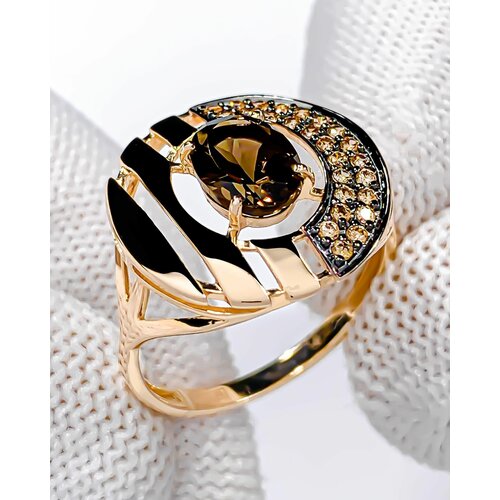 массивное, круглой формы Кольцо Trade Jewelry из красного золота 585 пробы с раухтопазом и фианитами