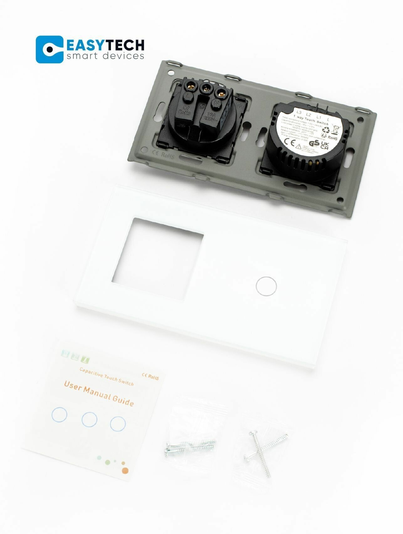 Розетка встраиваемая однопостовая + сенсорный одноклавишный выключатель света Easy Tech белый стеклянный - фотография № 12