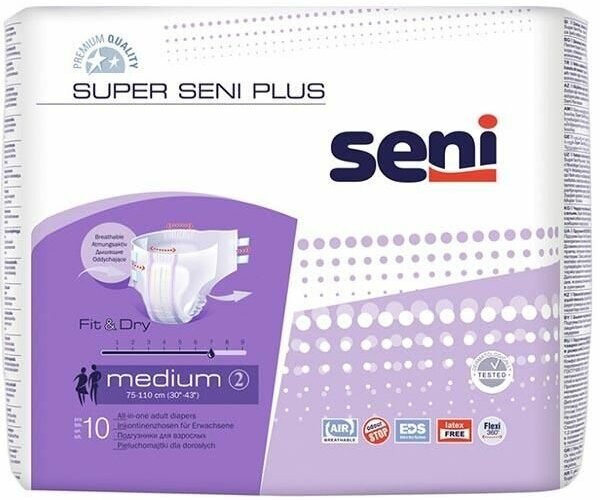 Подгузники Super Seni Plus (Супер Сени Плюс) medium р.2 75-110 см. 2400 мл 10 шт.