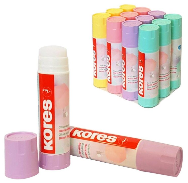 фото Клей-карандаш 20г Kores Pastel ассорти: розовый, желтый, фиолетовый , мятный