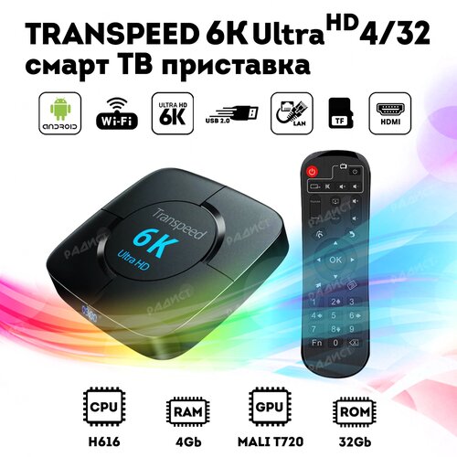 Андроид приставка Transpeed 6k ultra hd 4/32 гб / Smart TV приставка 6K A10 4G/32Gb приставка смарт тв dgmedia 6k allwinner 4гб озу 32гб android ulhd wi fi hdmi чёрная