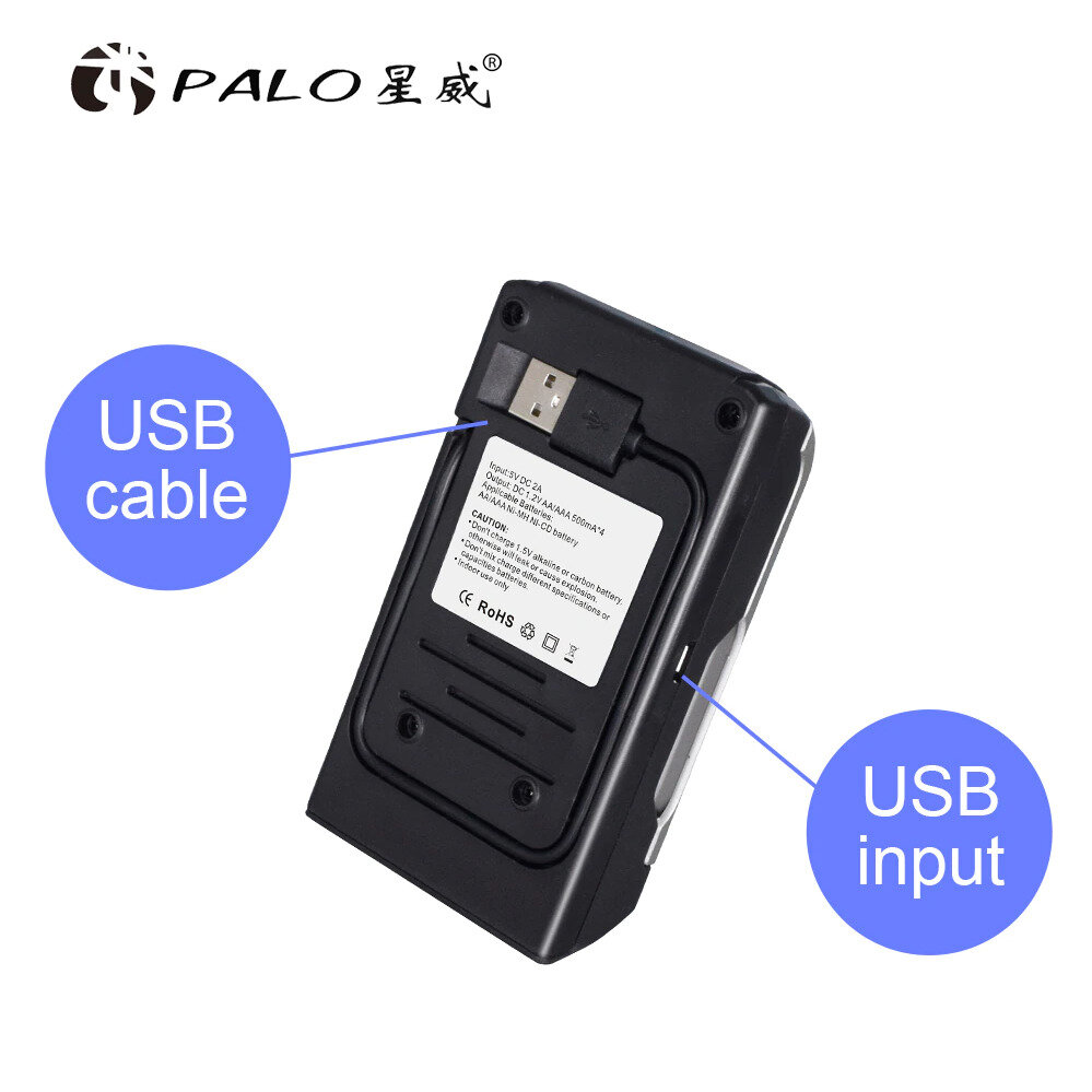 Умное зарядное устройство PALO дисплеем питание от USB+4 мизинчиковых (ААА) аккумуляторных батарейки