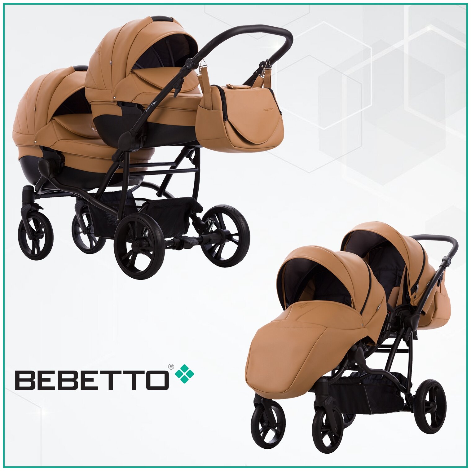 Детская коляска для двойни/2 в 1/Bebetto42 Сomfort PRO (100% экокожа)/03/рама черная