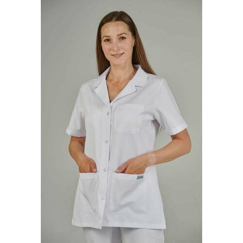 Блузка медицинская женская белая Сizgimedikal Uniforma с коротким рукавом, отложным воротником, на кнопках, из плотной ткани, Турция
