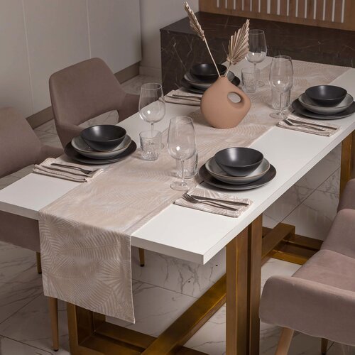 Набор дорожка на стол - кухонная сервировочная скатерть (180x35см), 4 тканевые салфетки (44х44см). Полулен. Папоротники / Fougre