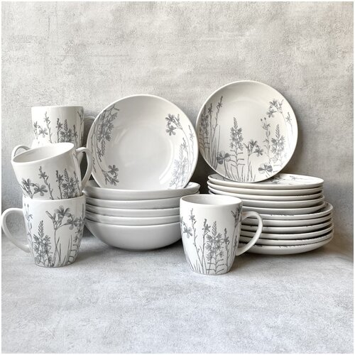 Набор посуды столовой на 6 персон, 24 предмета, тарелки керамика, коллекция Гербарий травы