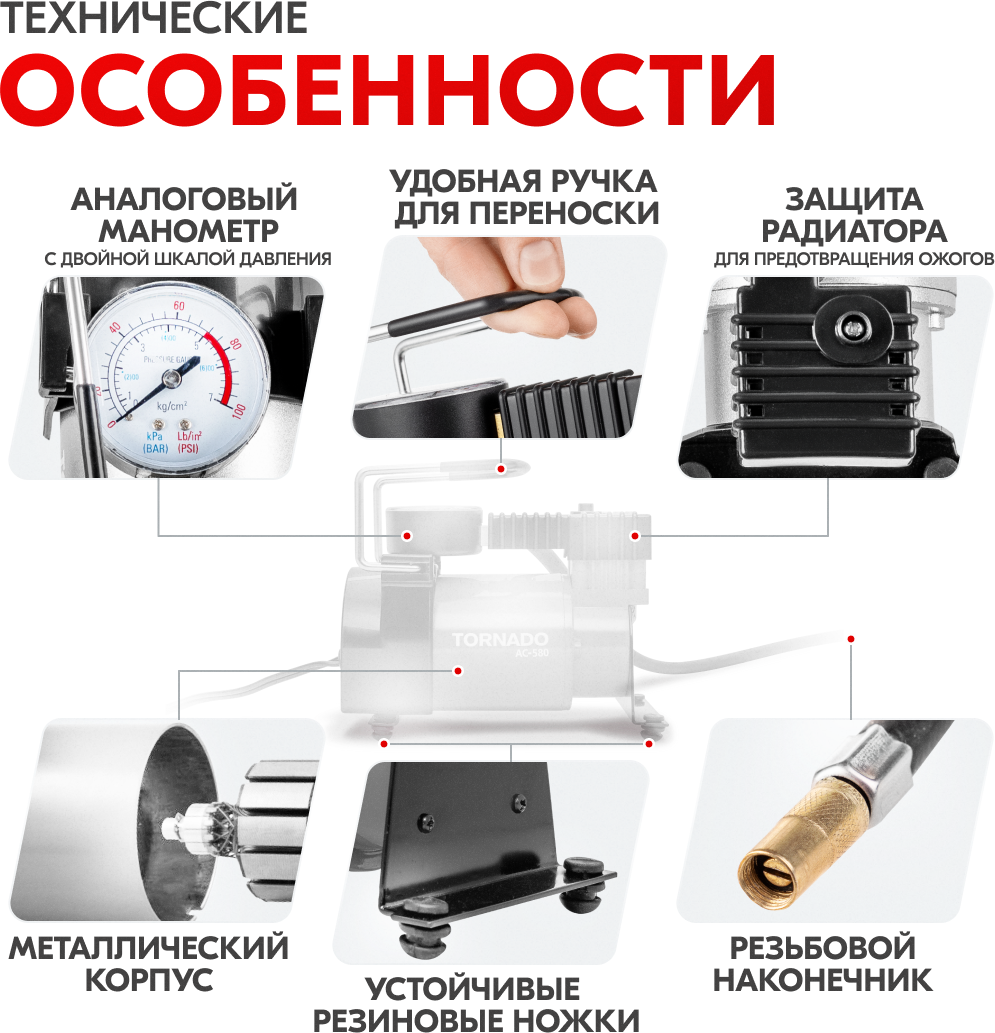 Компрессор автомобильный воздушный металлический Tornado AC 580 30 л/ мин / Насос автомобильный электрический Skyway S02001023