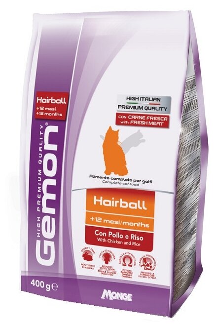 Gemon Cat Hairball корм для выведение шерсти для взрослых кошек с курицей и рисом 400г - фотография № 1