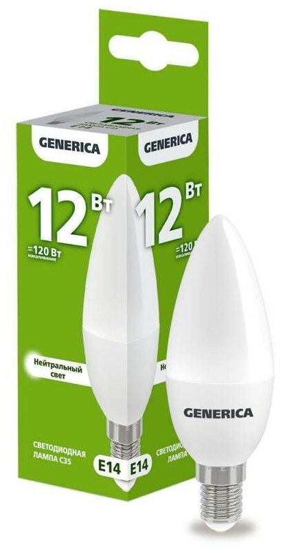 Лампа светодиодная GENERICA C35 12Вт свеча 4000К E14 230В - фото №1