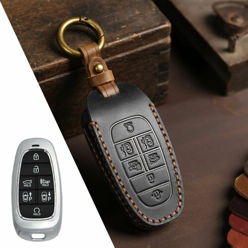 Кожаный чехол для ключа Hyundai Ioniq Santa Fe Sonata Palisade Nexo Staria Tucson, B154, 7 кнопок, Черный