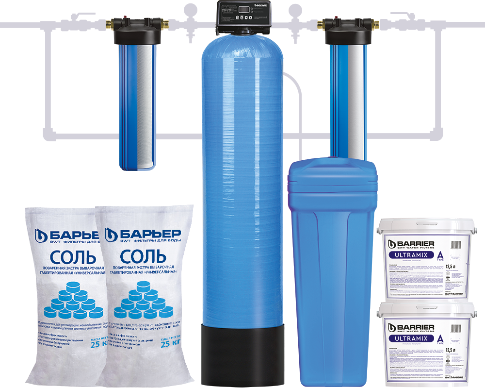 Комплект коттеджной системы Barrier Ace Ecomix А 1,2 (обезжелезивание и умягчение воды) соль в комплекте Ultramix A