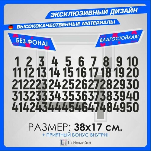 Наклейки Набор нумерация цифры 1-50 38х17см