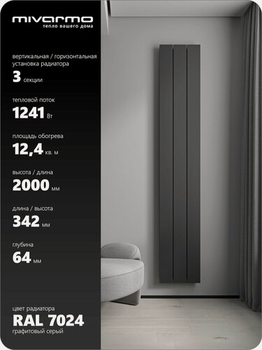 Изображение товара Радиатор отопления алюминиевый вертикальный, горизонтальный секционный MIVARMO 3 секции, RAL 7024 (графитовый муар), 200 см.