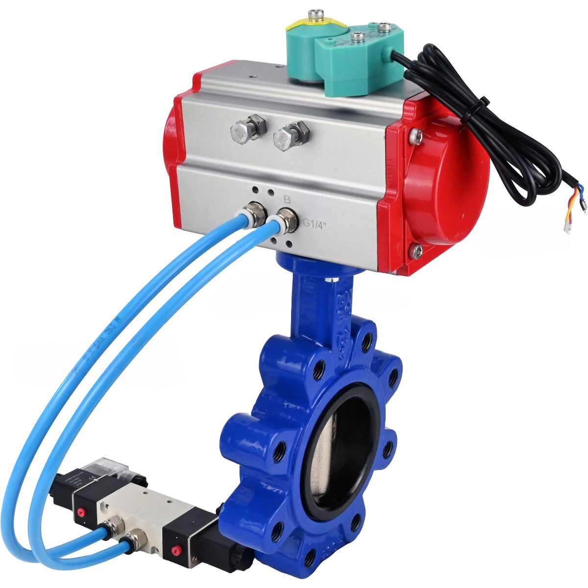 Затвор дисковый поворотный DN. ru QT450-QT450-NBR-2W-Fb-H Ду125 Ру16 LUG корпус - чугун QT450, диск - чугун QT450, уплотнение - NBR, с пневмоприводом DA-105, пневмораспределителем PND1-S2EM-52-2-T10-220VAC и переключателем МППП-200 (опрессовано)