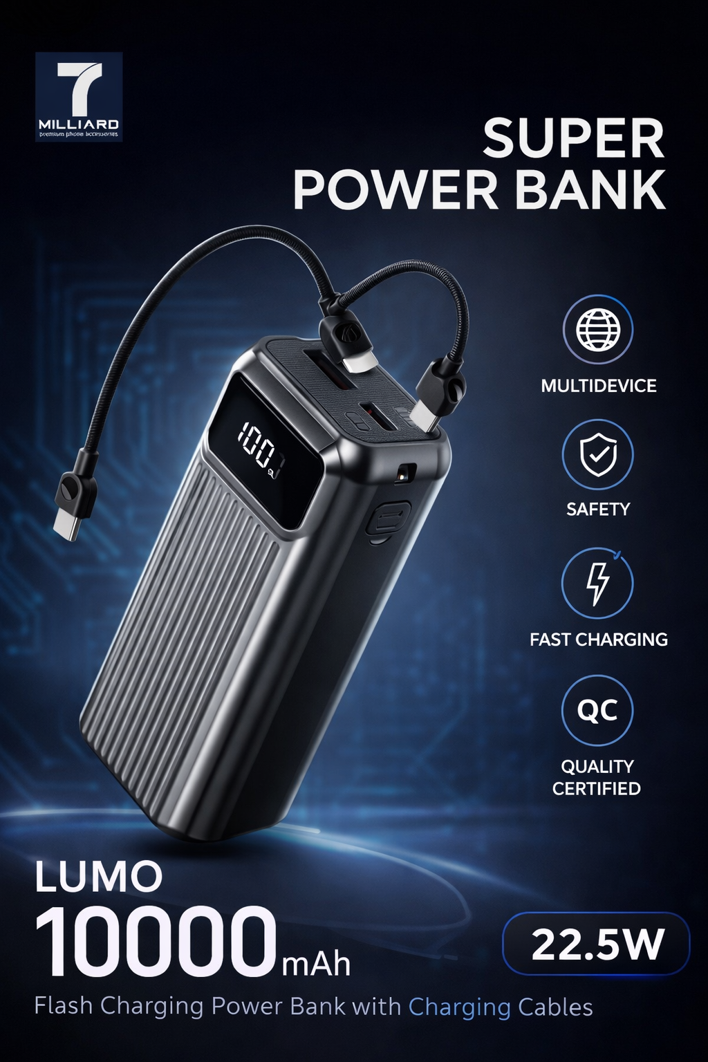 Power Bank 7 Milliard Lumo 10000mAh — 22.5W Быстрая зарядка с LED дисплеем и кабелем