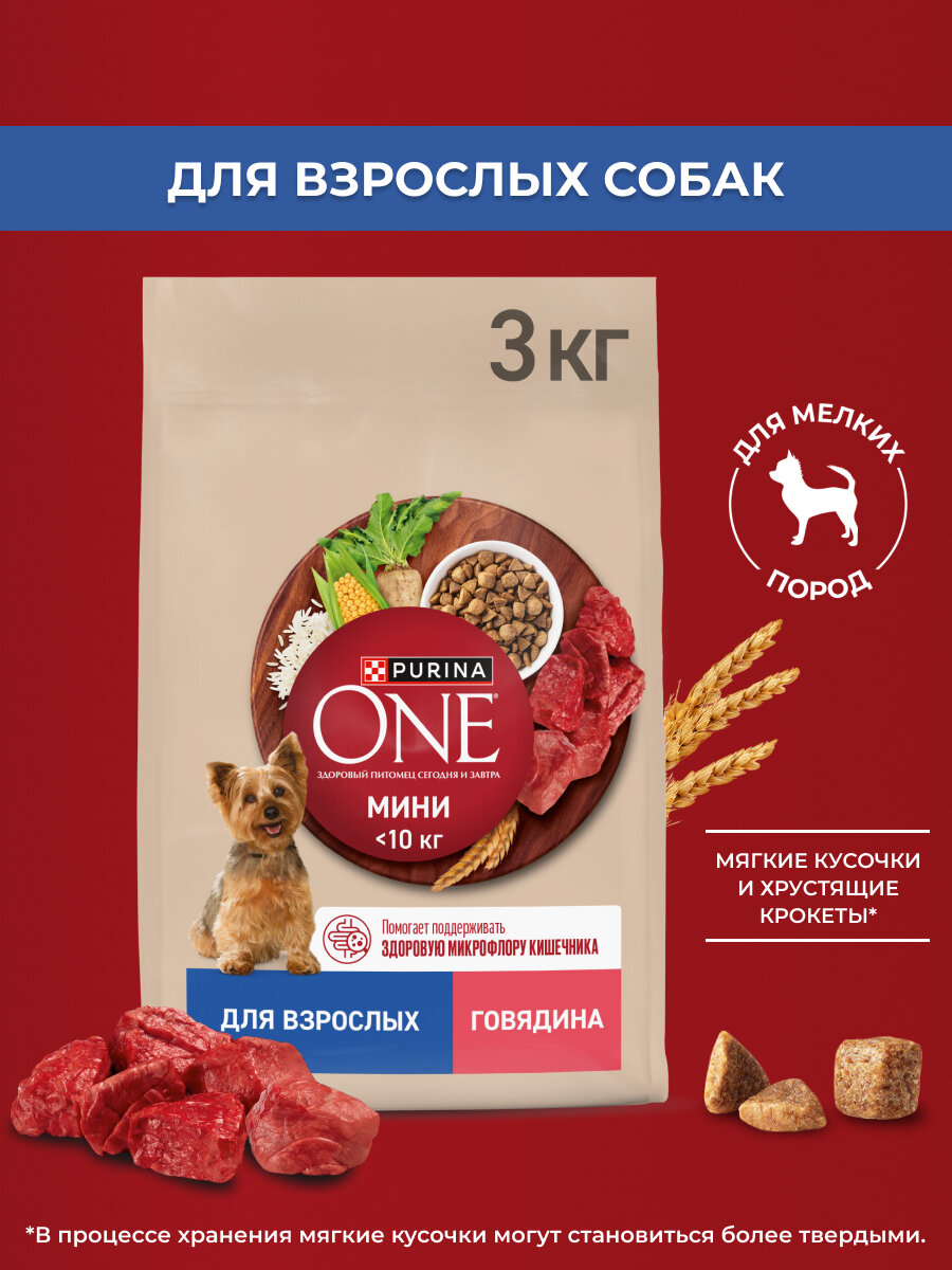 Сухой корм Purina ONE® мини для взрослых собак мелких пород с говядиной и с рисом, 3 кг