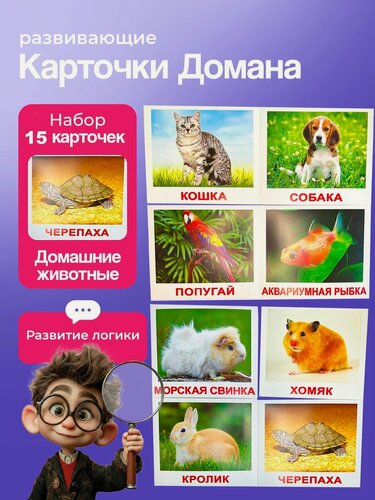 Изображение товара Комплект карточек Домашние животные 15 шт. по методике Г. Домана