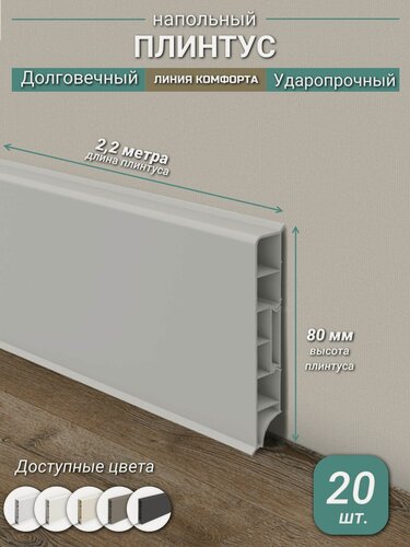 Изображение товара Плинтус Ideal, ПВХ, матовый, влагостойкий, ударопрочный, с кабель-каналом, 2,2 м, прямоугольный, Светло-серый - 20 шт.