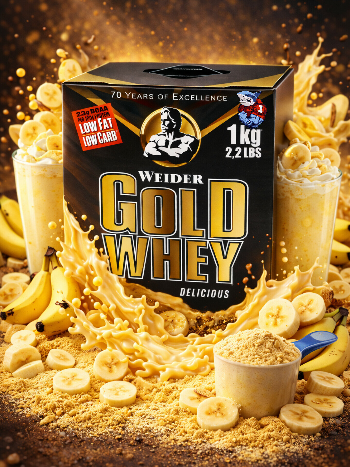 Протеин Gold Whey от Weider 10 порций каждая порция 23 грамм протеина. Банан