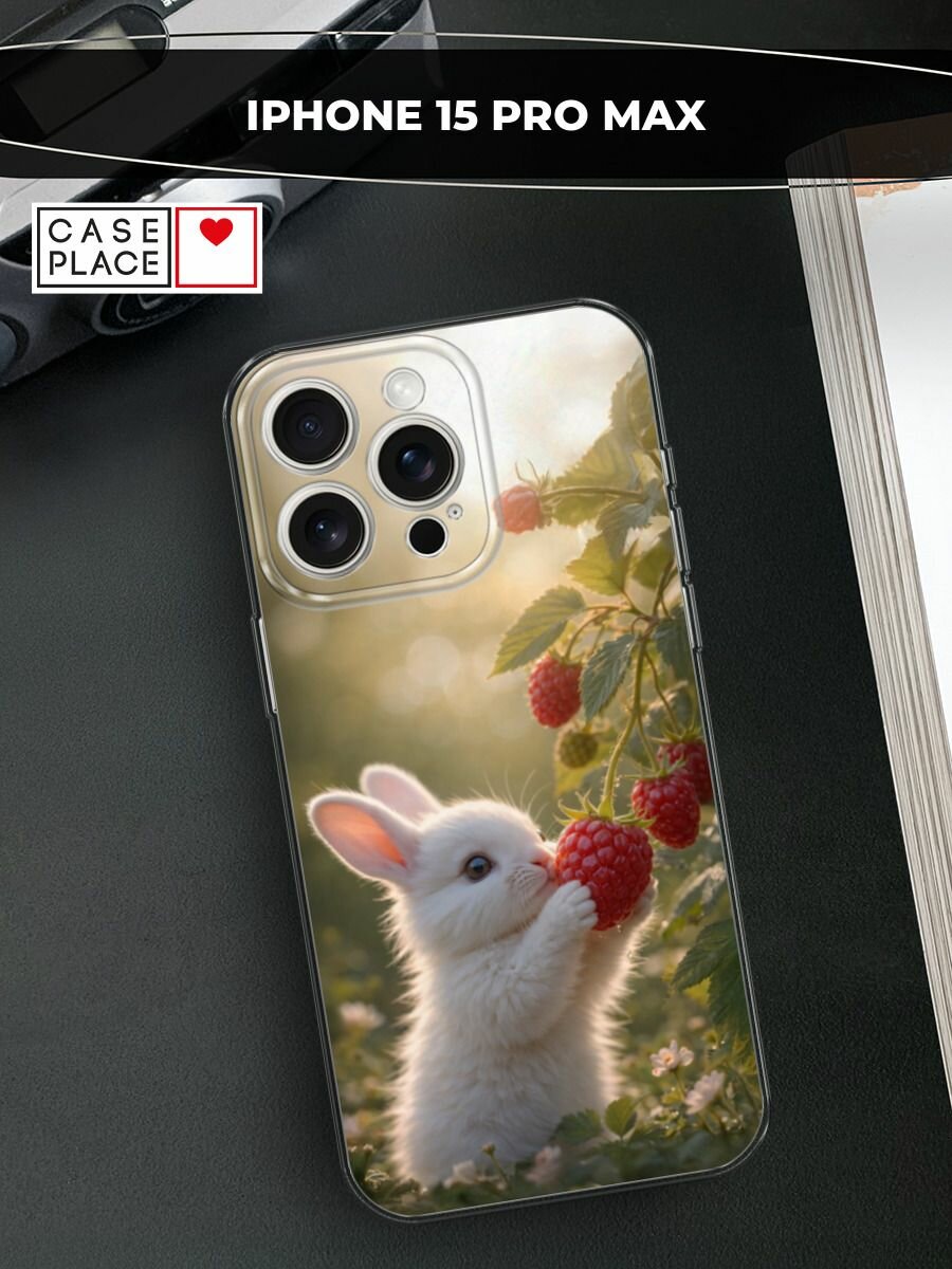 Чехол на Apple iPhone 15 Pro Max / Айфон 15 Про Макс с принтом Зайчик с малиной