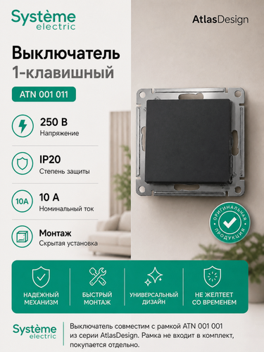 Изображение товара Выключатель одноклавишный, цвет: карбон, 250В, 10А, скрытый монтаж, Systeme Electric AtlasDesign