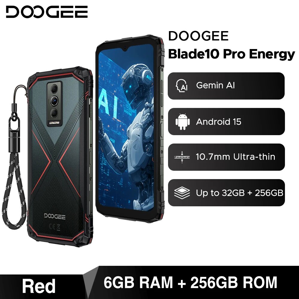 Защищенный телефон DOOGEE Blade10 Pro Energy с экраном 6,56 дюйма, толщиной 10,7 мм, 6 ГБ ОЗУ, 256 ГБ ПЗУ, аккумулятором 6150 мА·ч