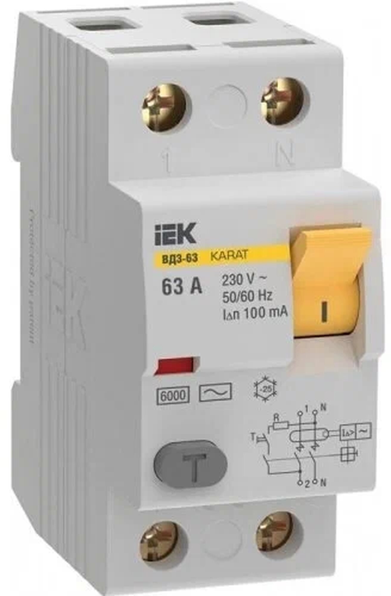 УЗО KARAT ВД3-63 2Р 63А 100мА 6кА тип АС IEK MDV20-2-063-100 (1 шт.)