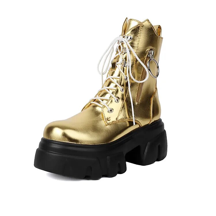 LeShion of Chanmeb/Новые готические ботинки в стиле стимпанк на молнии, женские мотоциклетные ботинки на толстом каблуке и платформе, золотисто-серебристые туфли, женские 43