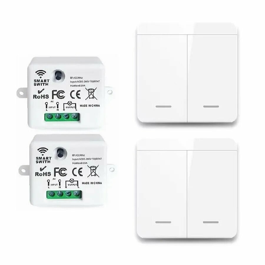 Два Проходных Беспроводных выключателя двухклавишных дистанционных с двумя приемниками 433 МГц 220В