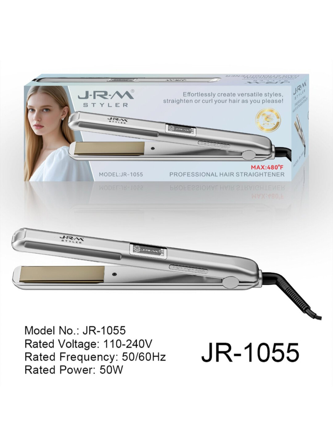 Профессиональный выпрямитель для волос JRM JR-1055 480°F керамические пластины, быстрый нагрев