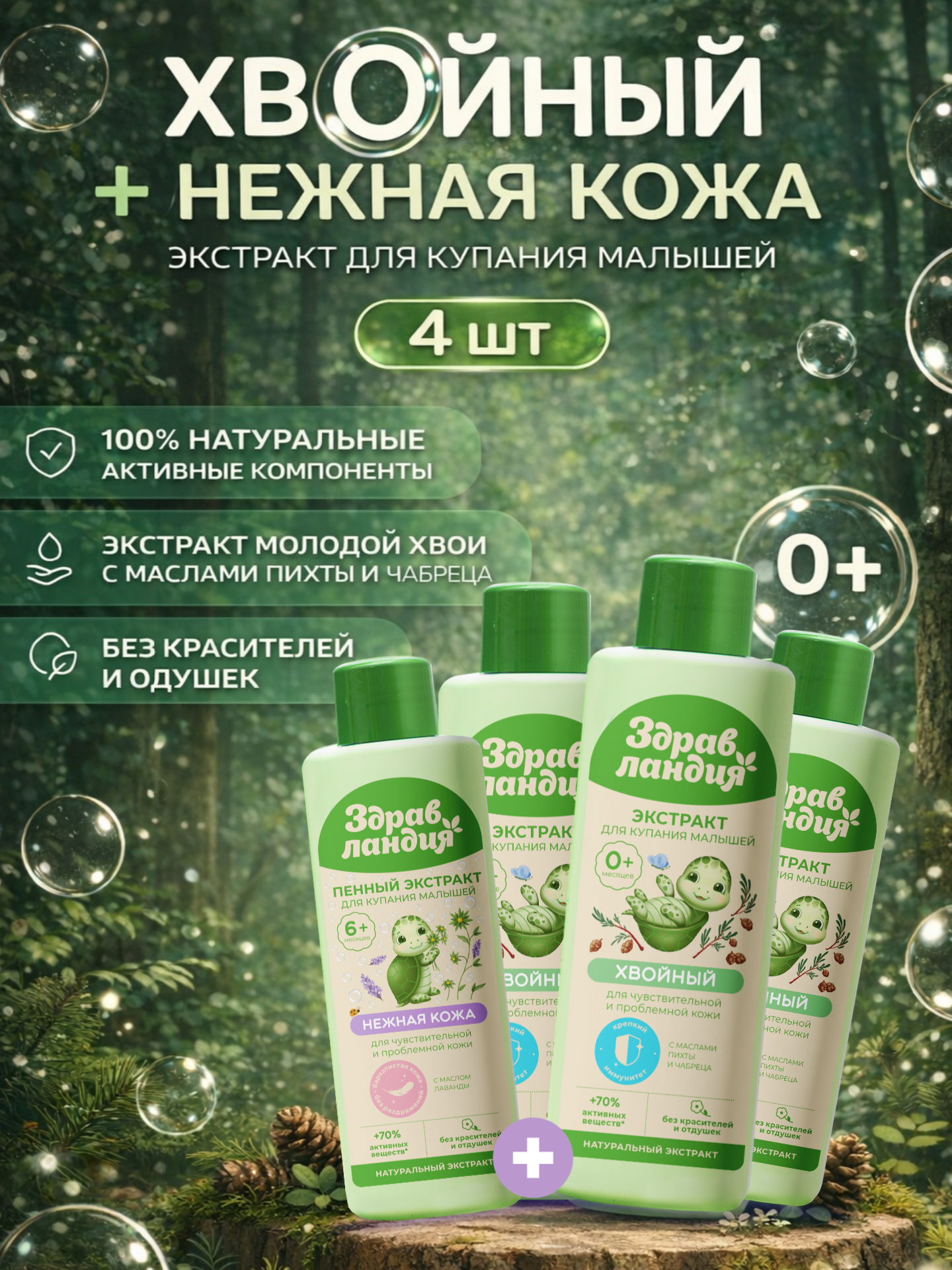 Набор для купания Страна Здравландия "Хвойные экстракты + Нежная кожа", для малышей, гипоаллергенный, 4шт.