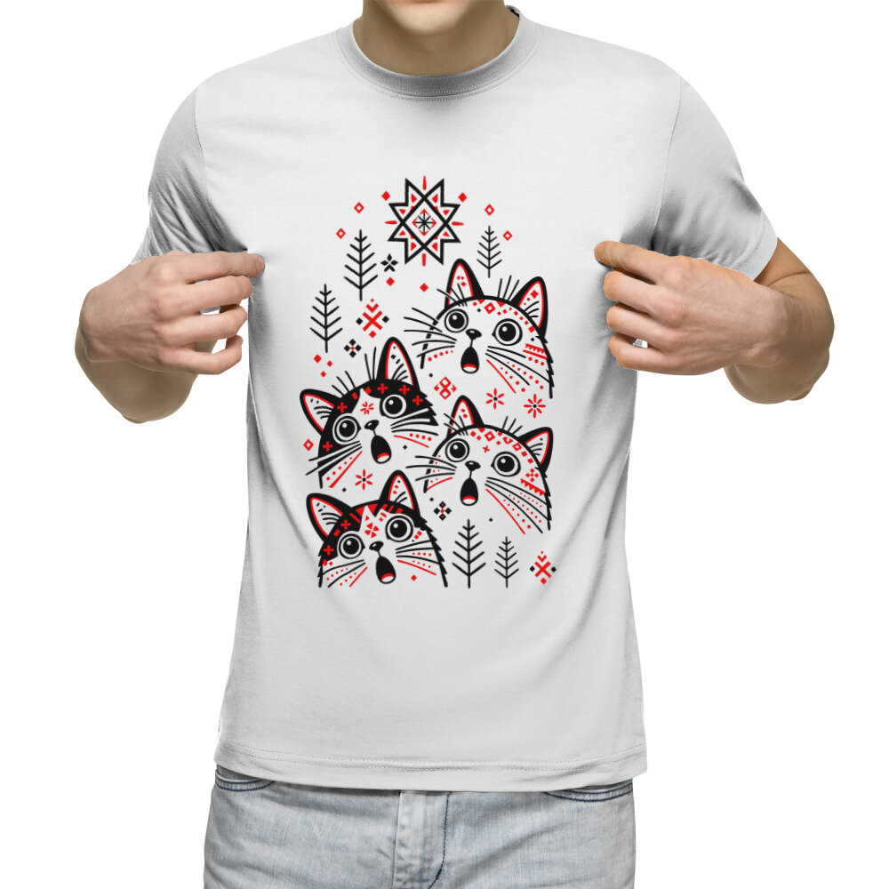 Мужская футболка «Кошки с мезенской росписью. Народный узор» (белый, 3XL)