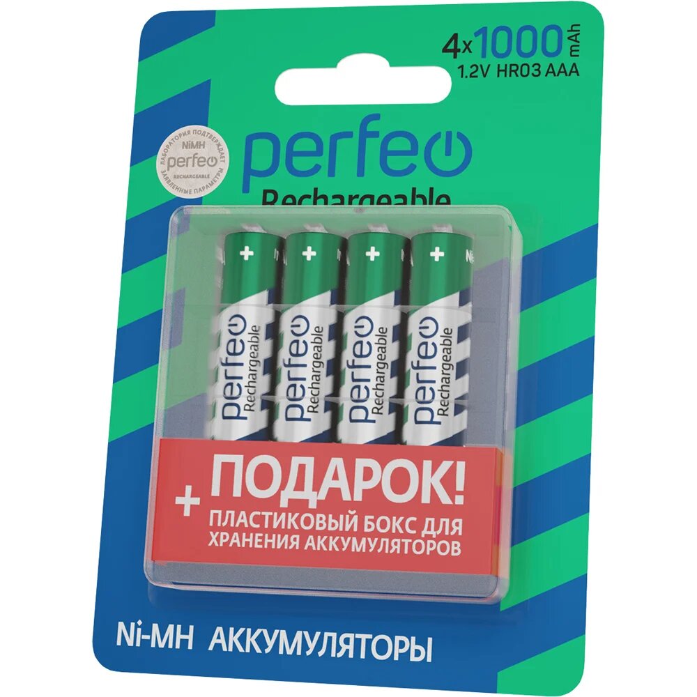 Perfeo Ni-Mh аккумуляторы HR03 AAA 1000mAh на блистере с подарочным боксом, 4шт, 1.2V — фото 1