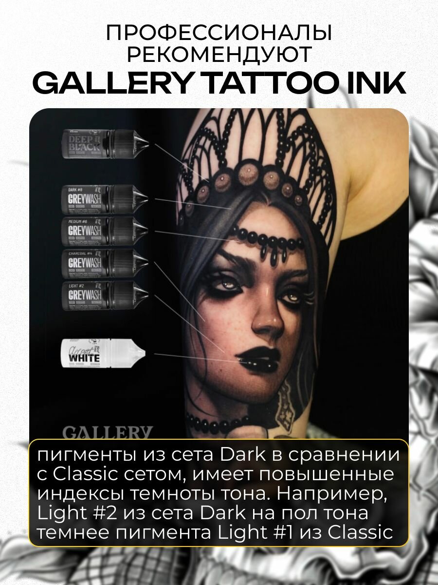 GALLERY TATTOO INK, Сет Dark Set Greywash Краска для татуировки, пигмент для тату, грейвош - 30 мл - 4 шт — фото 1