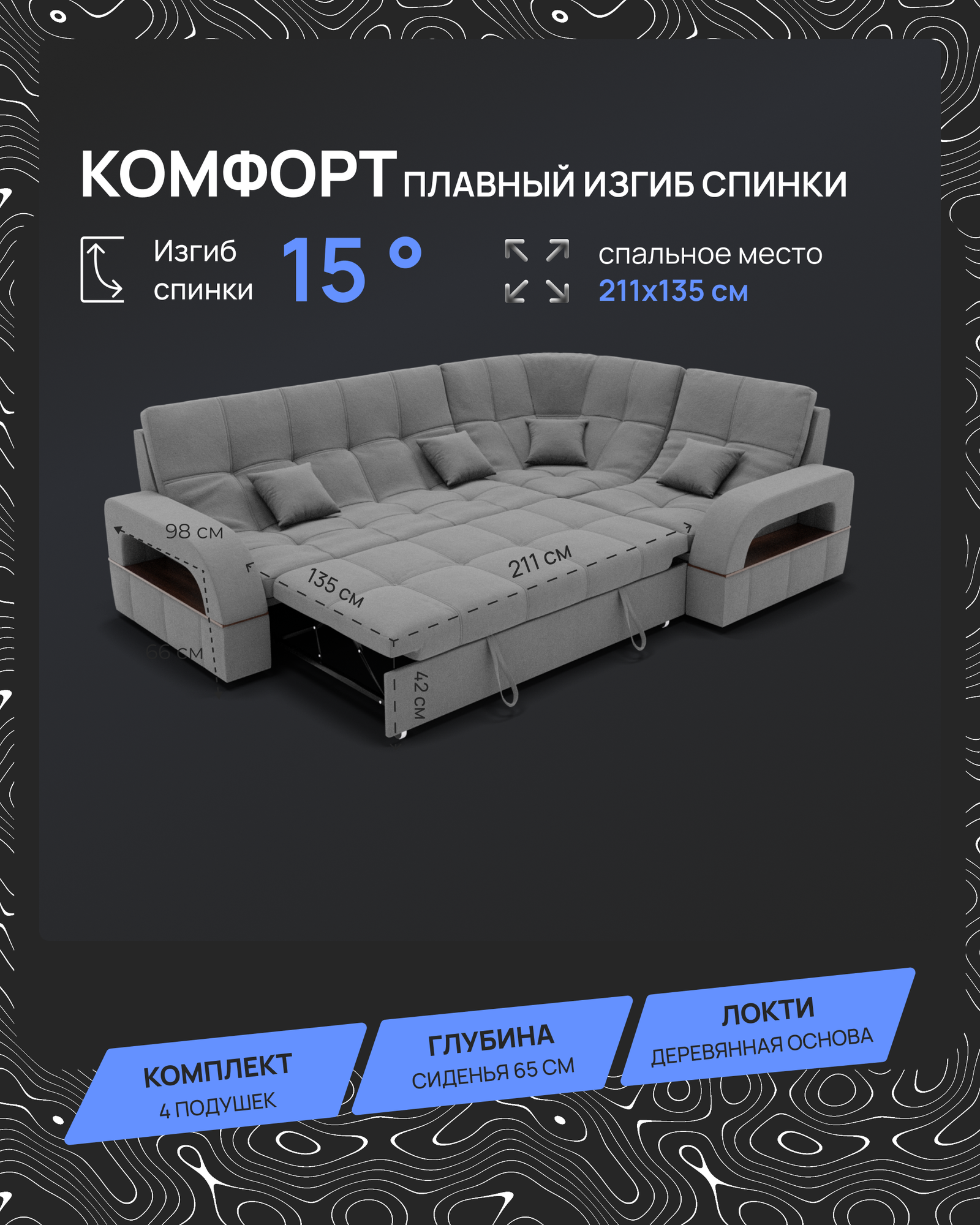 Модульный диван, Майами-3 , Велютта люкс 32 , 268х187х97 см, Серый. Велюр, ППУ, ДВП, Дерево, механизм Венеция. — фото 1